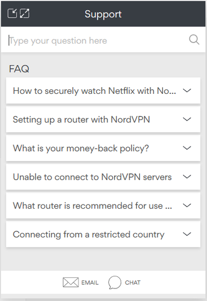 Pole s možnostmi podpory NordVPN