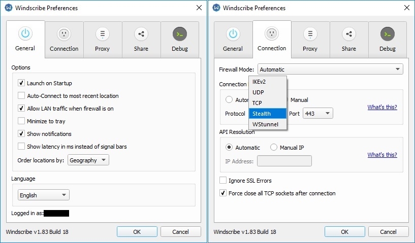 Předvolby VPN Windscribe
